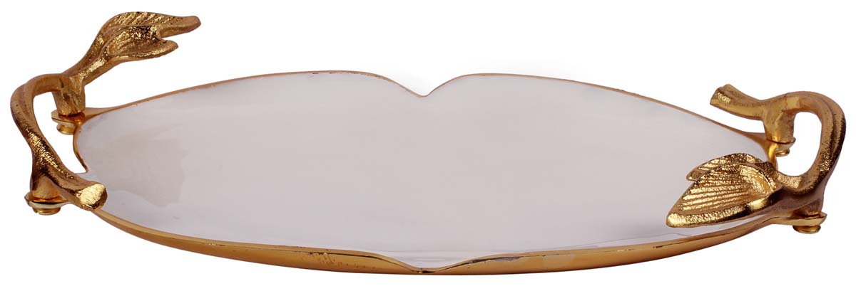 Buy in Bulk Wholesale Decorative Metal Tray with 15.5” Hand-Enamelled Leaf Handles - White Golden - Modern Home Decor